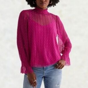 Express Mock Neck Sheer Metallic Top With Built-in Tank Size Small Fuscia